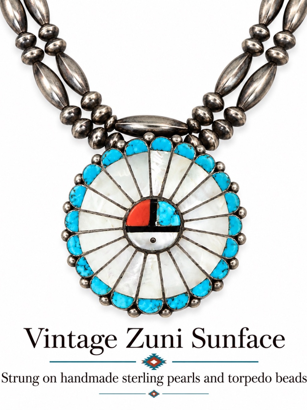 Vintage Zuni Sunface Inlay Strung on hand made sterling beads 1970’s  SS